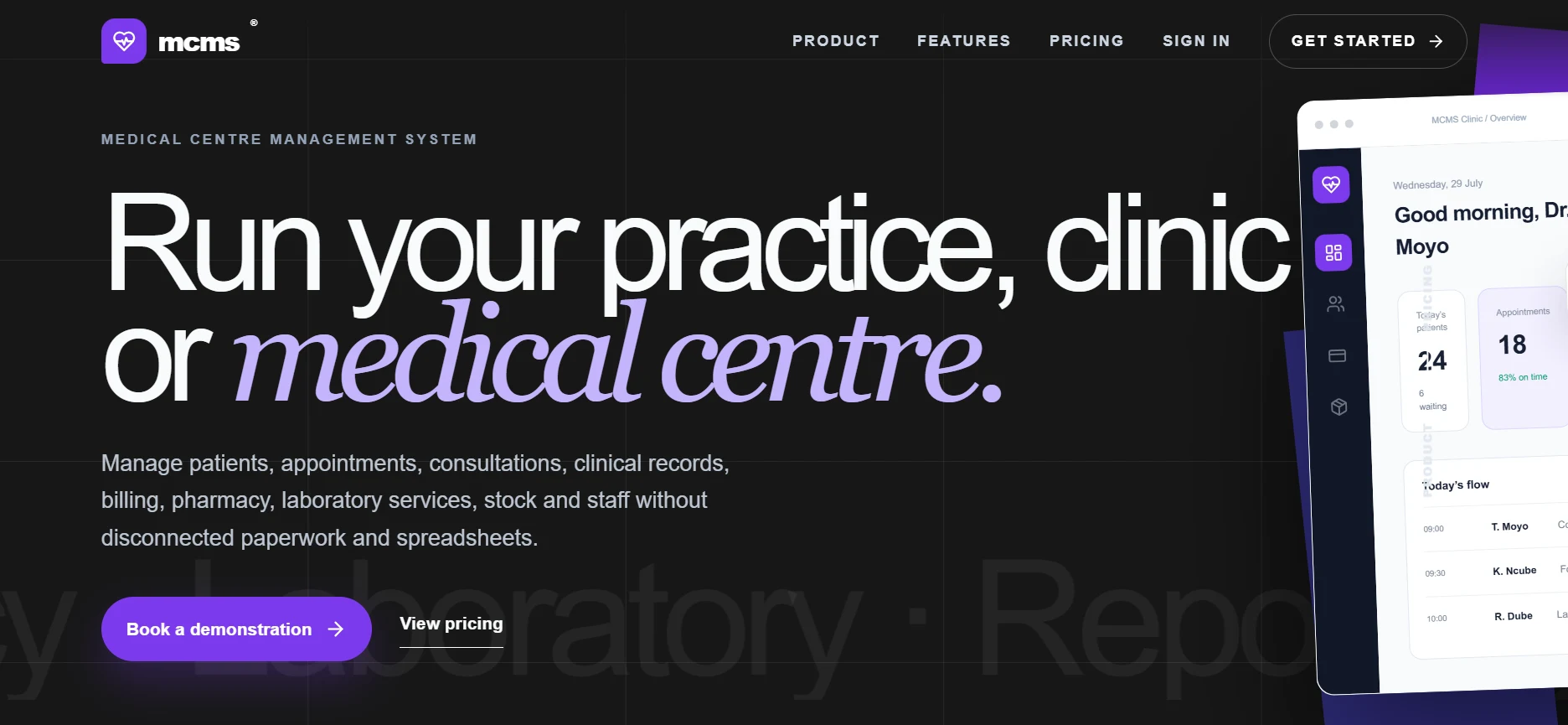 MCMS healthcare management system showing connected medical-centre operations